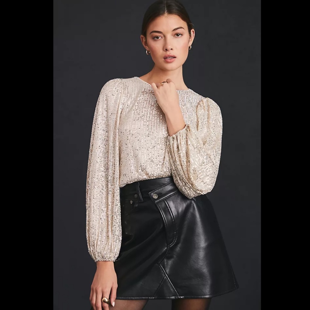 Anthropologie Flat White Sequin Crew Neck Top
